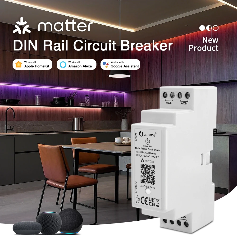 

GLEDOPTO Matter DIN Rail Circuit Breaker 16A Smart WiFi Switch – APP Remote Control Voice Compatible for Household Appliances