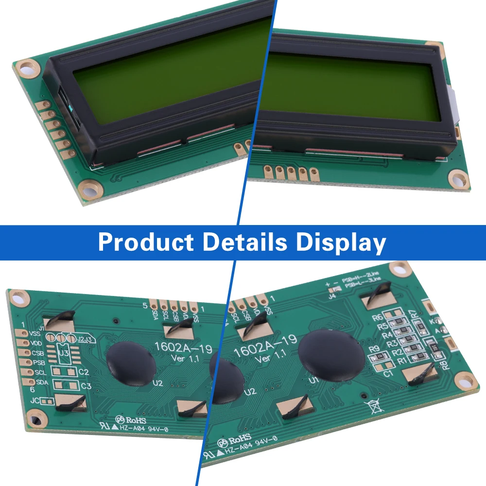 옐로우 그린 필름 지지대 방식 개발 IIC, I2C 직렬 포트 화면, 1602A-19 문자 LCD 화면, 02*16 LCD, 80*36*11.1mm