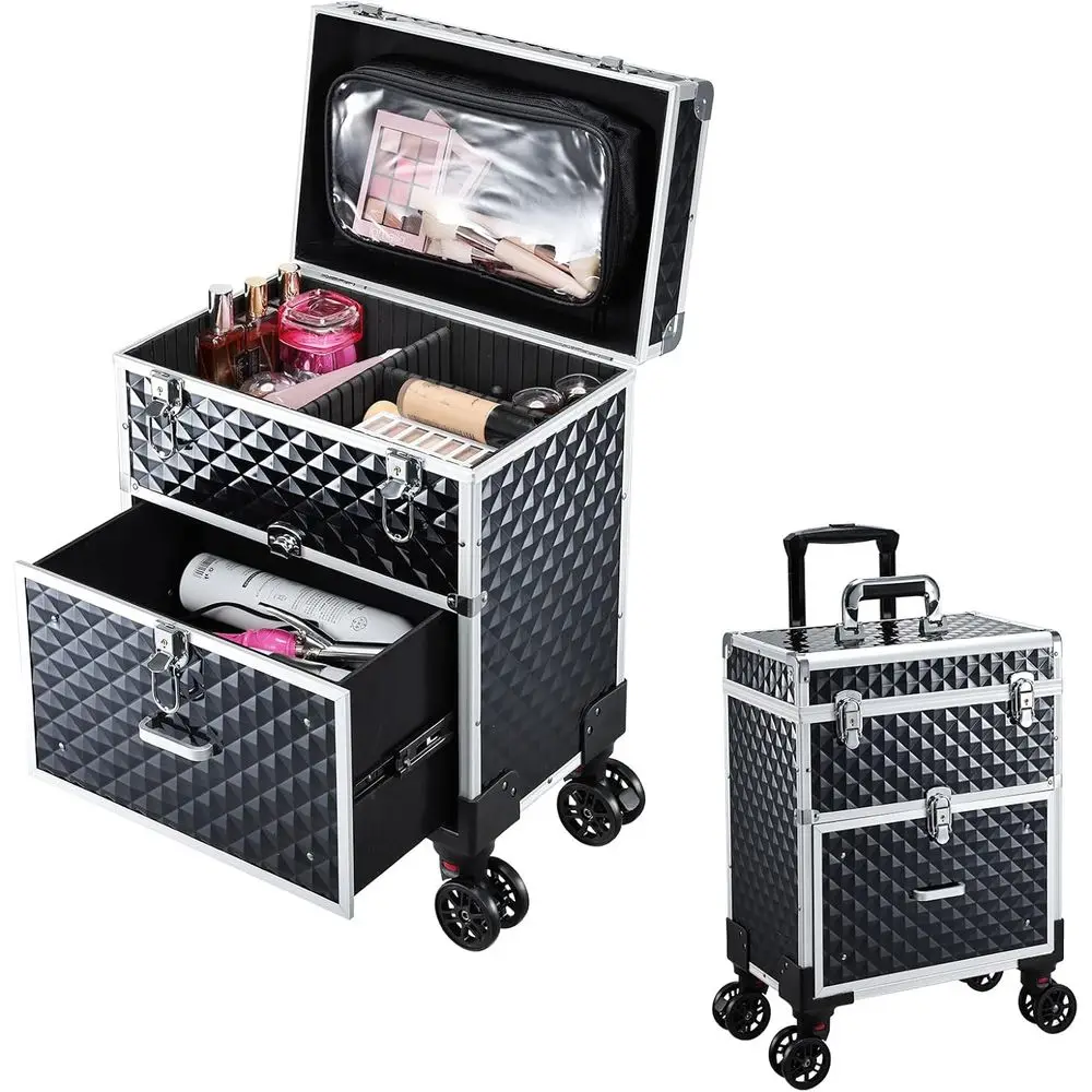

Professional Rolling Makeup Case with Drawer for Makeup Artists Cosmetic Train Case Large Storage Case for Nail Technicia