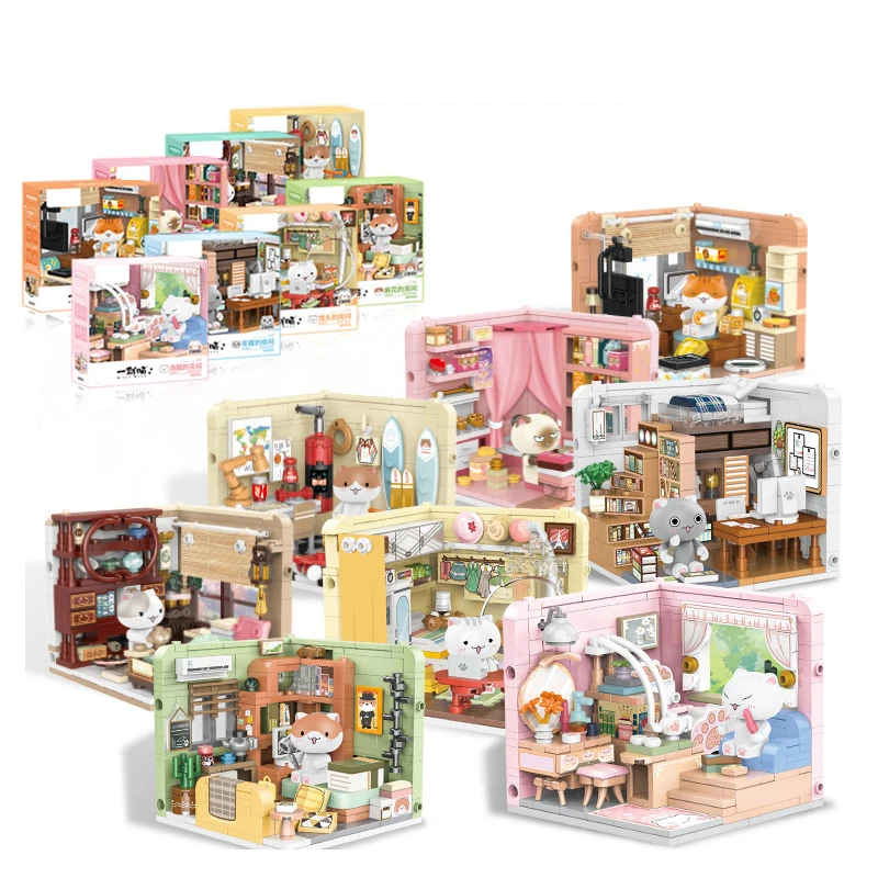 885001 Ramen flower a group of cat small particle model assembly living room room decoration pieces girl building blocks toys