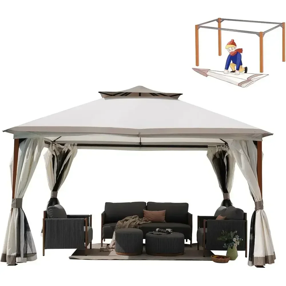 Quick Assembly Detachable 10x13 Outdoor Double Gazebo with Mosquito Netting and Curtains, Ideal for 130 Sq Ft Shade, Beige