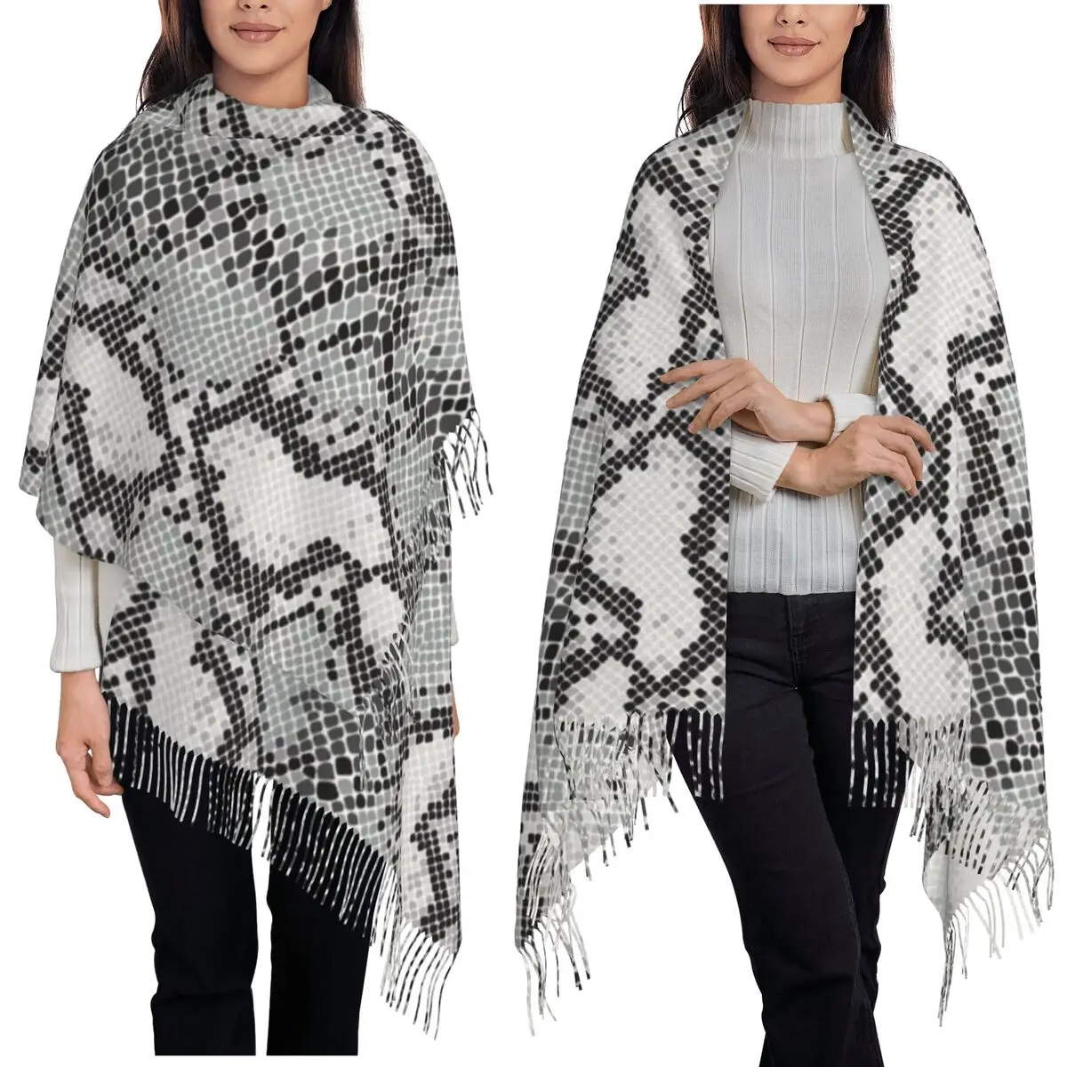 

Серый шарф из змеиной кожи с животным принтом, шарфы с кисточками для женщин, мягкие теплые шали и накидки, длинная осенне-зимняя шаль