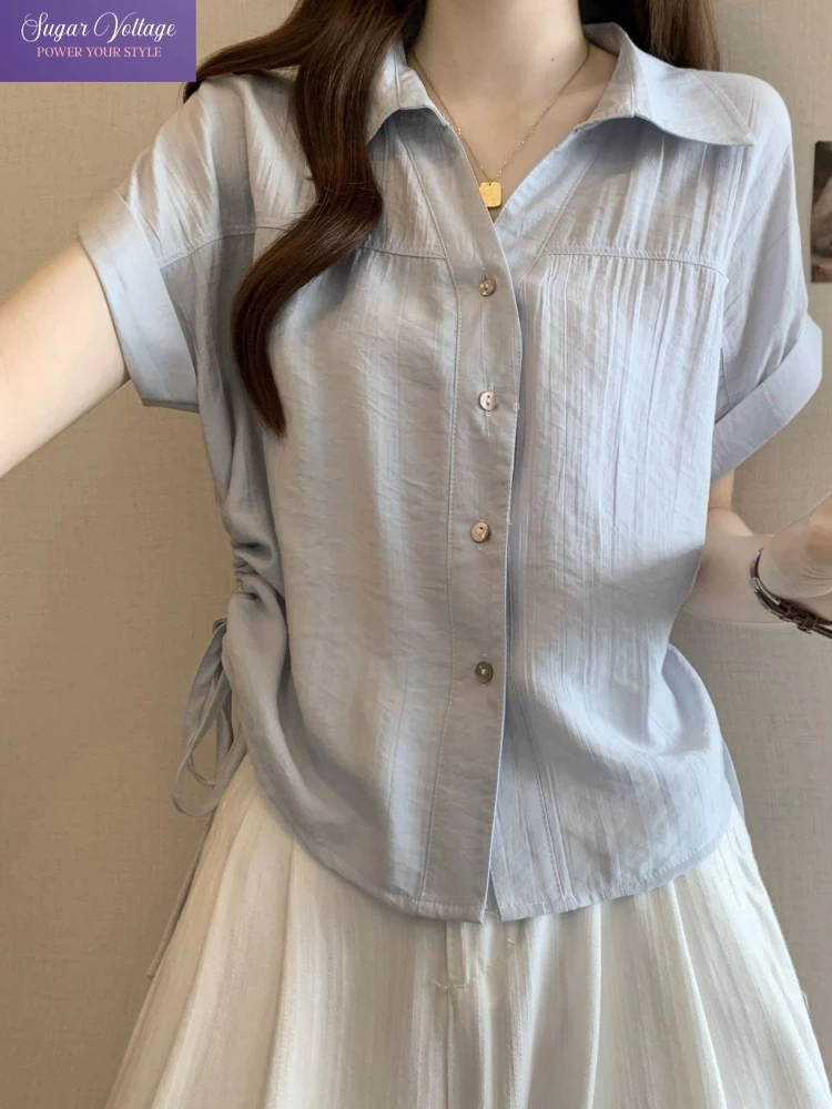 

Летние новые корейские модные винтажные элегантные топы Y2K, женские облегающие рубашки с короткими рукавами и лацканами, офисная женская повседневная однотонная тонкая блузка