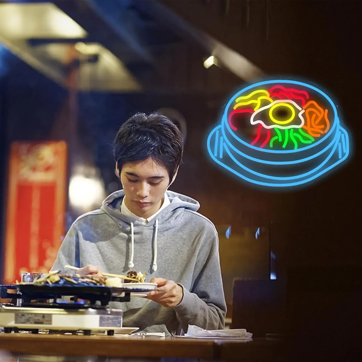 Bibimbap Neon Wall Sign Luci al neon dimmerabili per cibo coreano Ristorante Sala da pranzo Decorazioni aziendali Estetica Disegna regali unici