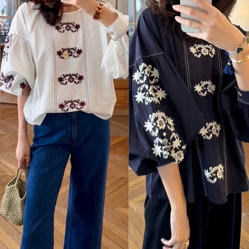 

2025 autumn and winter women's new embroidered shirt puff sleeve casual half-sleeve loose and comfortable ladies tops