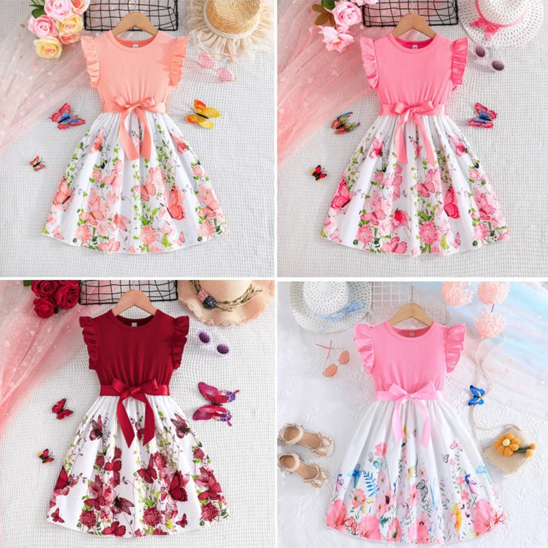 Meninas vestido 2025 novo verão flor mangas voadoras para crianças crianças princesa saia roupas doces crianças vestido moda 6-12y