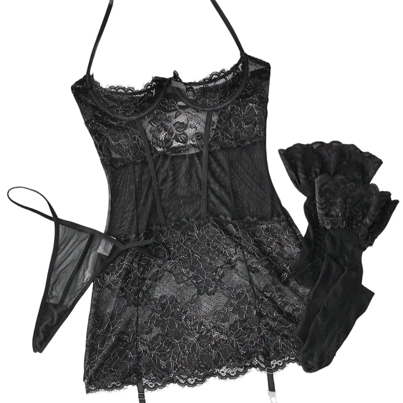 

Valentine's Day women's role-playing lingerie set, sexy lingerie set, nightgown set, 4-piece sexy and alluring halter neck half-