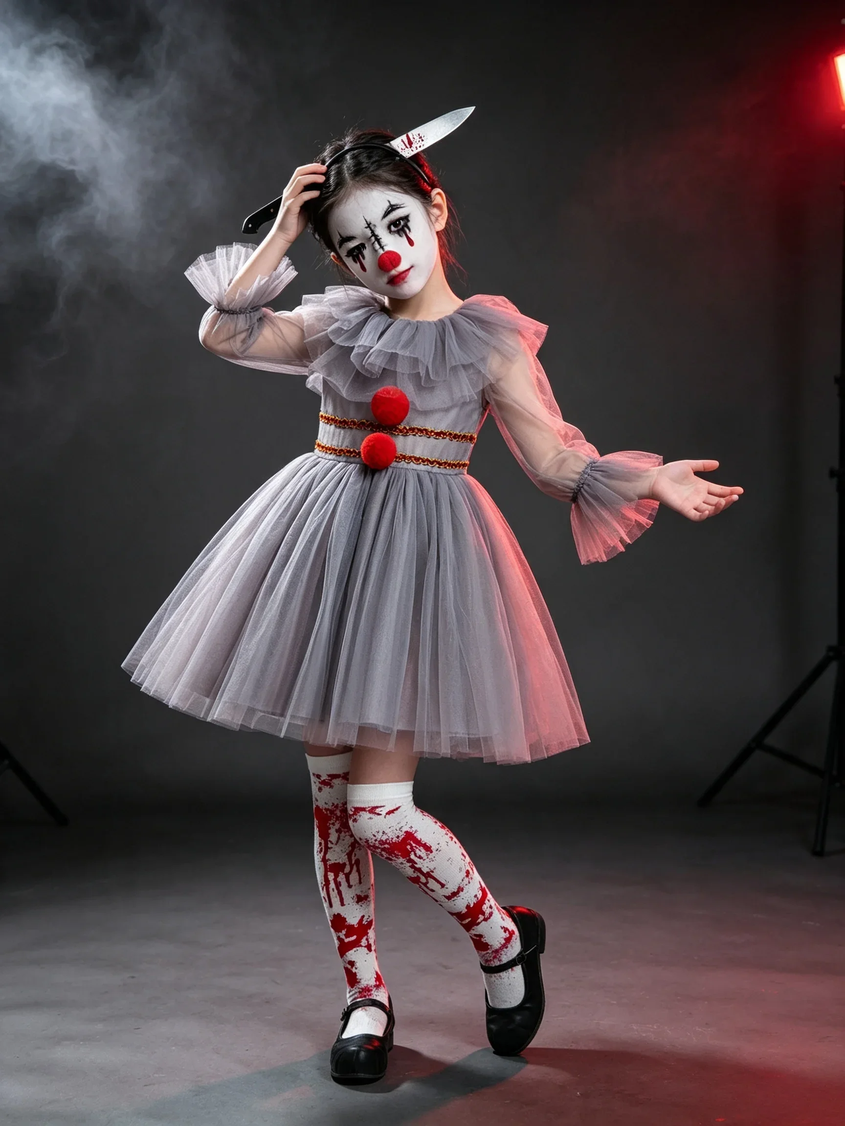 Mädchen Tutu-Kleid Halloween Cosplay Kostüm Grauer Joker Mädchen Gruseliger Clown Kostüm Karneval Party Verkleidung – Detail 4