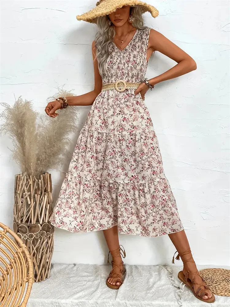 Vestido largo Floral para mujer, prenda ajustada sin mangas con volantes, diseño de pastel, primavera y verano