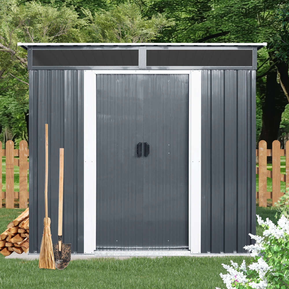 6ft x 5ft Outdoor Metal Storage Shed with Window and Transparent plate for Garden, Lawn (Black and White)