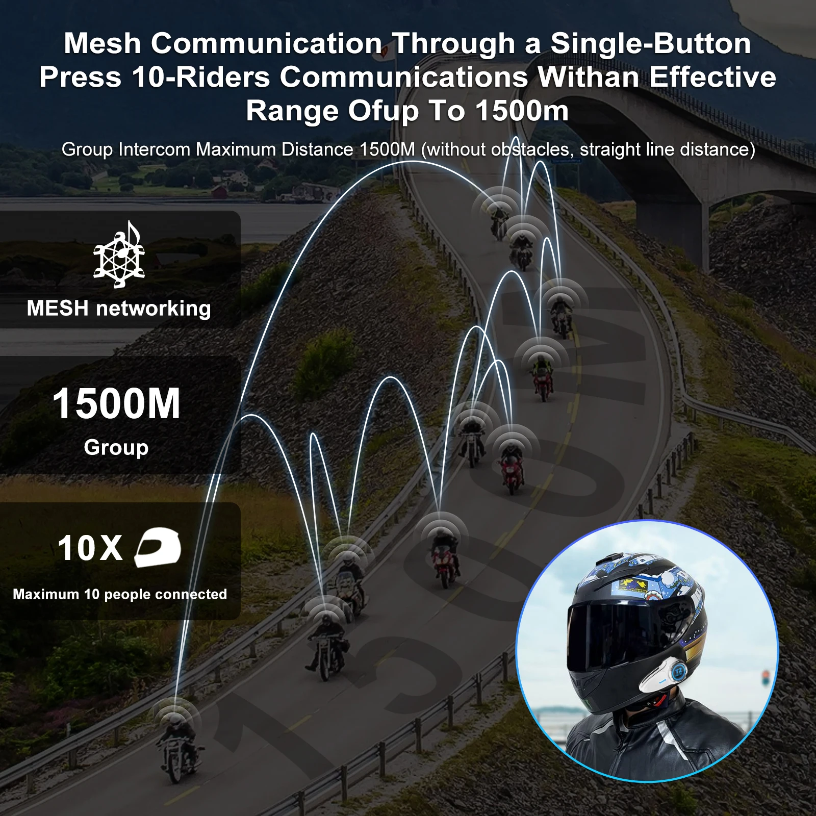 TNICER T2 motorcycle intercom 5.4 helmet bluetooth 6 people 1000 meters waterproof ipx7 FM music player SP+CVC12 noise reduction