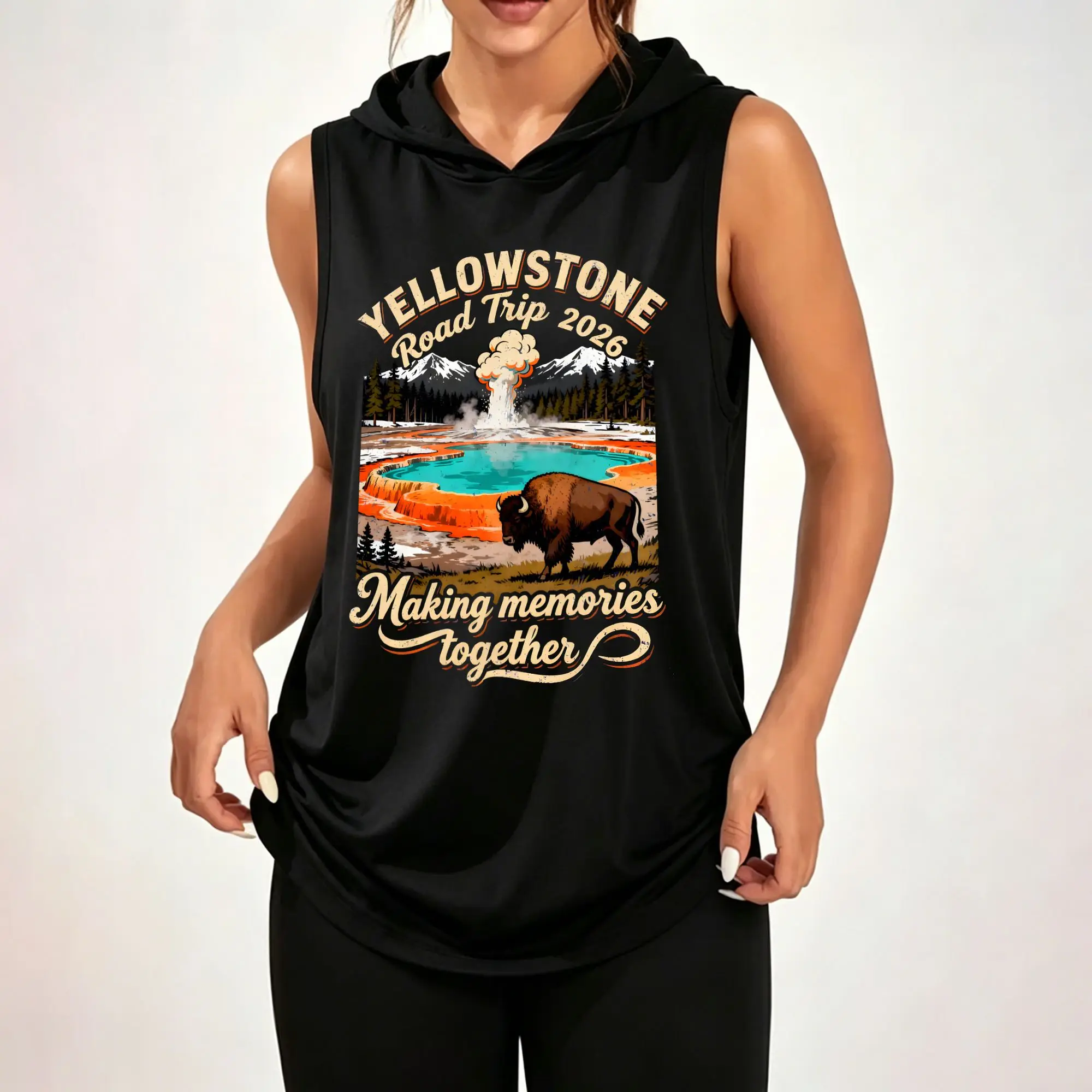 Women Sleeveless Hooded Tank Top Yellowstone Road Trip Bison Volcanic Hot Spring Landscape Graphic Print Sleeveless Hood Tank Top ****