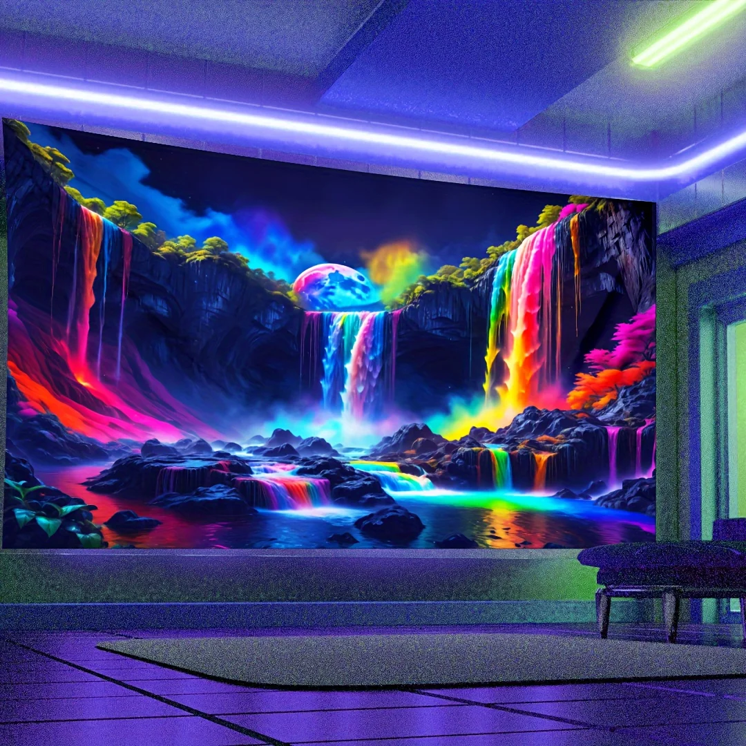 VIKAMA Leuchtender Regenbogen-Wasserfall-Wandteppich, psychedelische Neon-Landschaft, Schwarzlicht-Party-Wandbehang