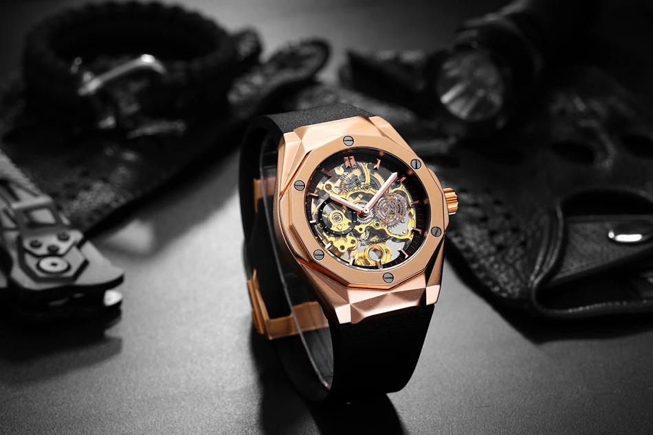 Men\'s Automatic Skeleton Self Wind Mechanical Rose Gold Silver Black Case Rubber Strap Sports Watch