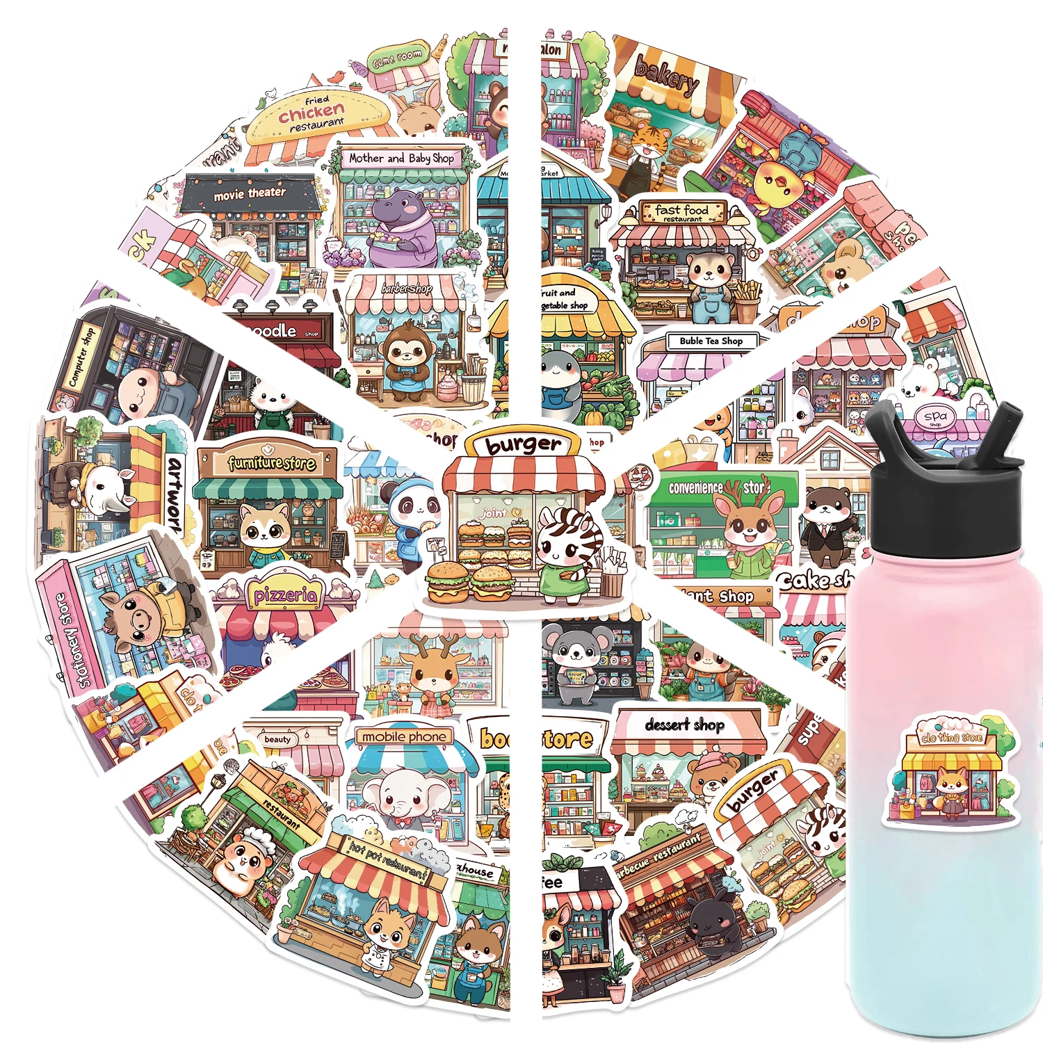 50Pcs Interesting Storefronts and Animals Stickers Waterproof Monkey Panda Rhino PVC Decals for Laptop Notebook Phone Case