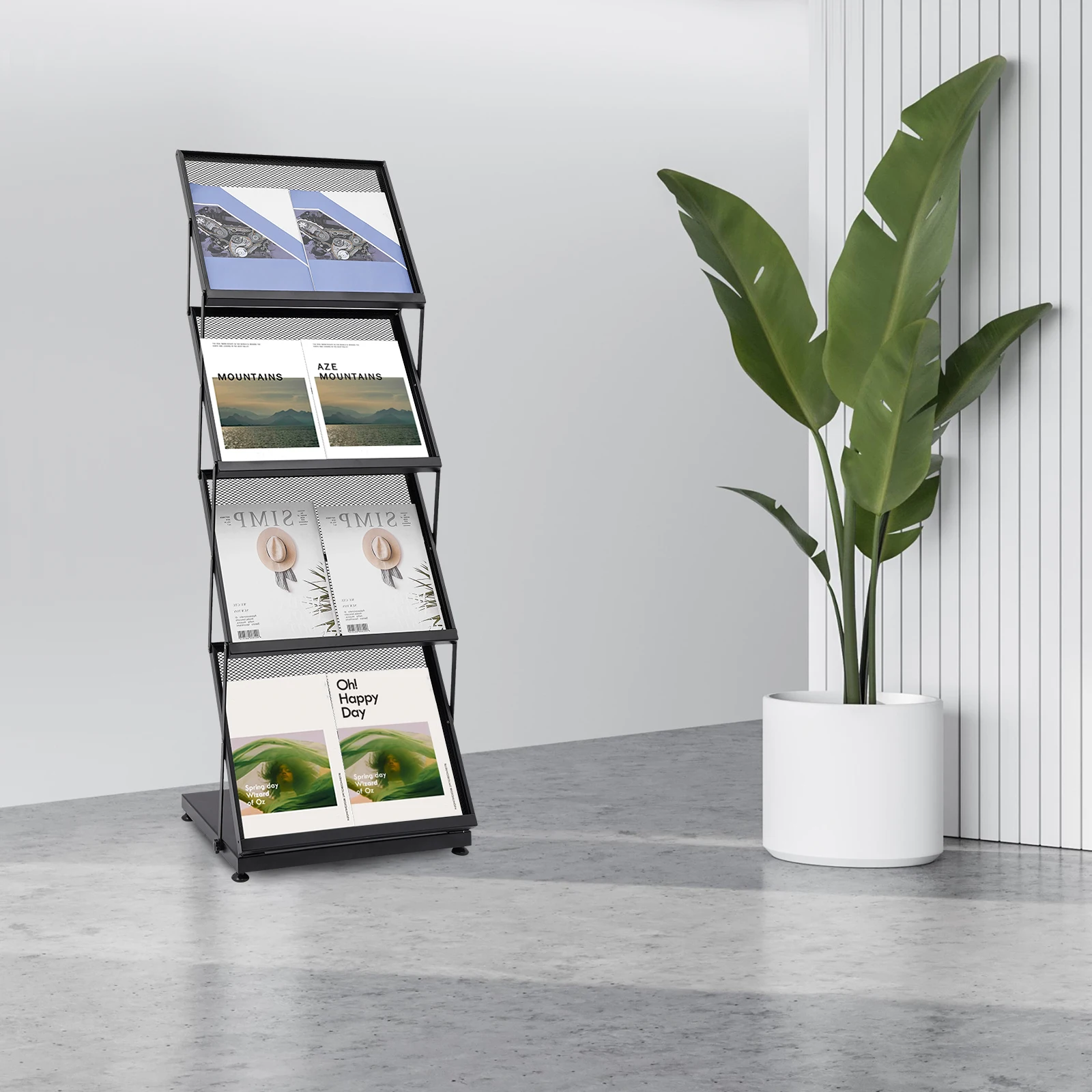 Foldable Magazine Stand 4-Tier Brochure Display Rack Floor Standing Modern Iron A3 Book Shelf