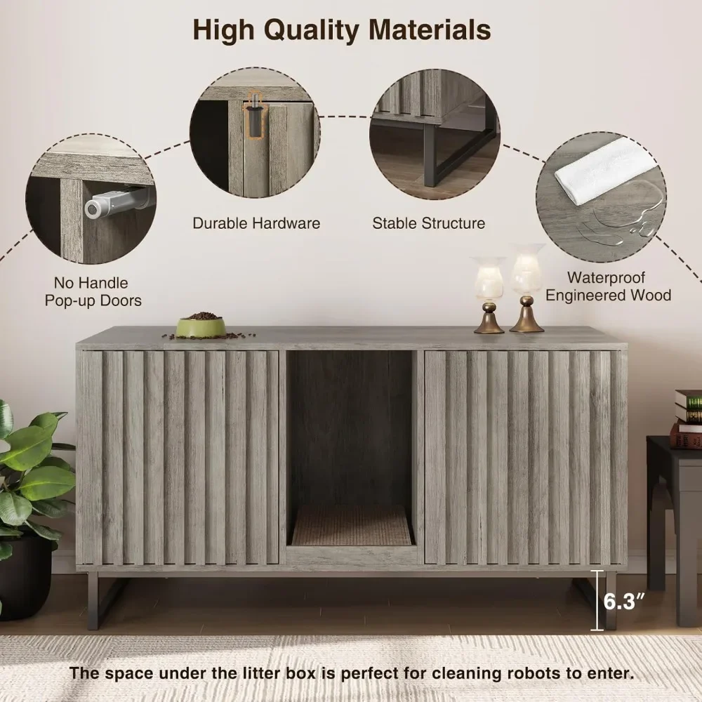 

47.2” Large Cat Litter Box Enclosure with Scratch Pad, Wooden Indoor Cat House & Side Table Function