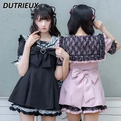 New Japanese Style Sweet Set Sailor Collar Cute Top Lace Big Bow Short Sleeve Lace-up Shirt and Shorts Slimming Two-Piece Suit