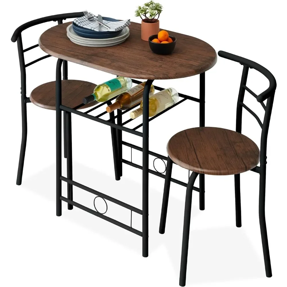 

3-Piece Wooden Round Table & Chair Set for Kitchen, Dining Room, Compact Space w/Steel Frame, Built-in Wine Rack