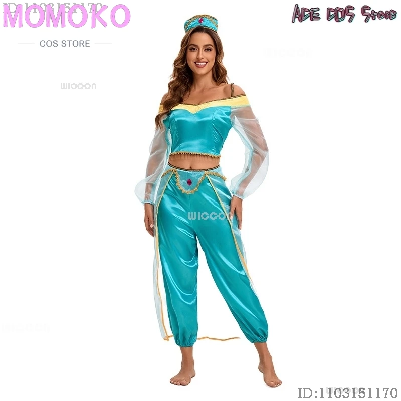 1000 ليلة أنيمي فيلم الأميرة حكاية شعر مستعار تأثيري Jasmi زي الملابس العربية الرقص هالوين حفلة تنكرية النساء لعب الأدوار