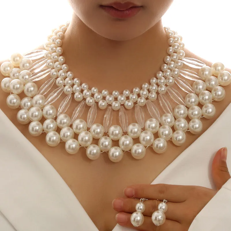 Handmade Collar Necklaces Simulated Pearl Beads Statement Necklace Earrings Sets For Women Bijoux Jewelry Sets Women Accessories