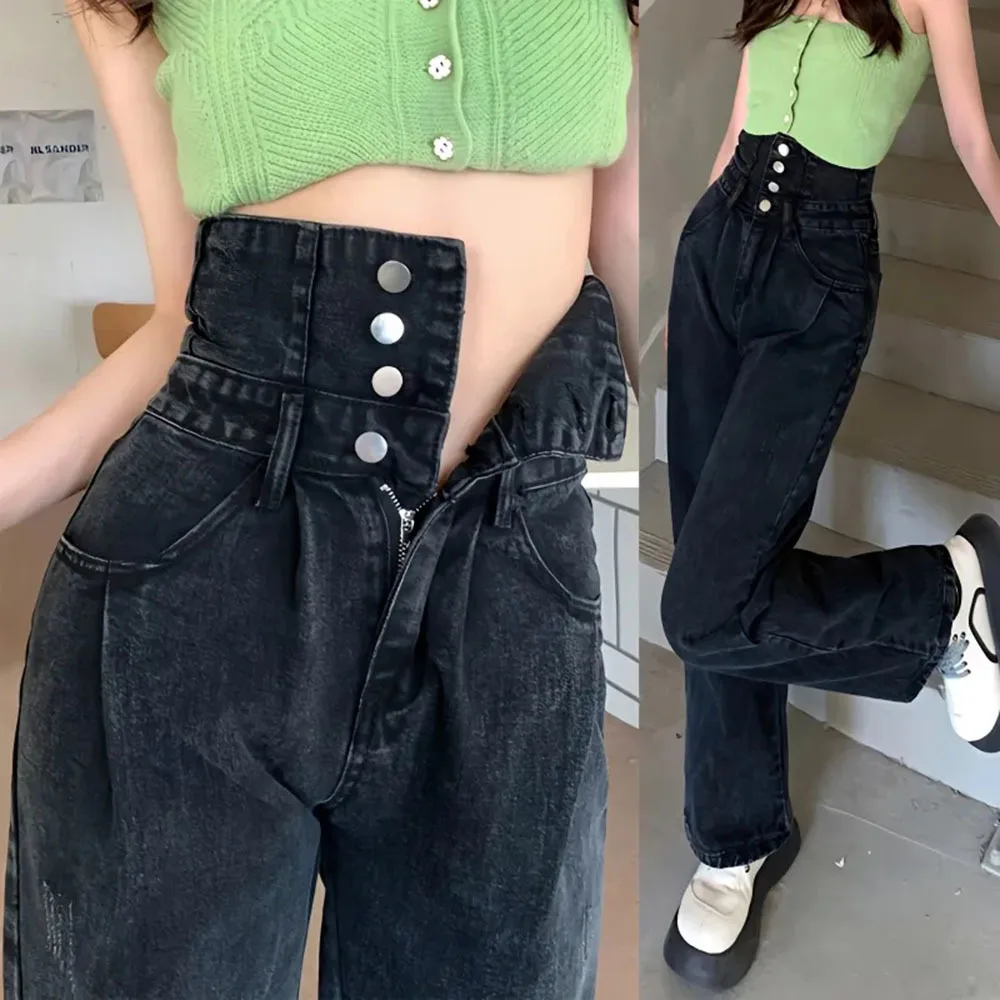 2024 New Retro Jeans Women's Autumn Winter High Waist Loose Floor Mopping Straight Denim Trousers Female Casual Wide Leg Pants