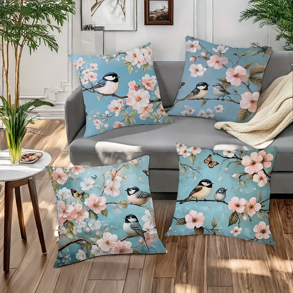 Spring Elements Birds Flowers Branches Pattern Pillowcase Bedroom Sofa Decorative Cushion Cover With Zipper Soft Cushion Cover