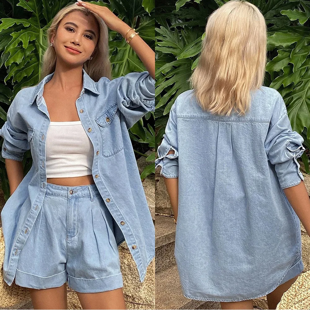 2026 Womens Denim Shirt and Shorts Set Casual Loose Fit Turn Down Collar Rolled Hem Two Piece Outfit for Spring Summer Vacation