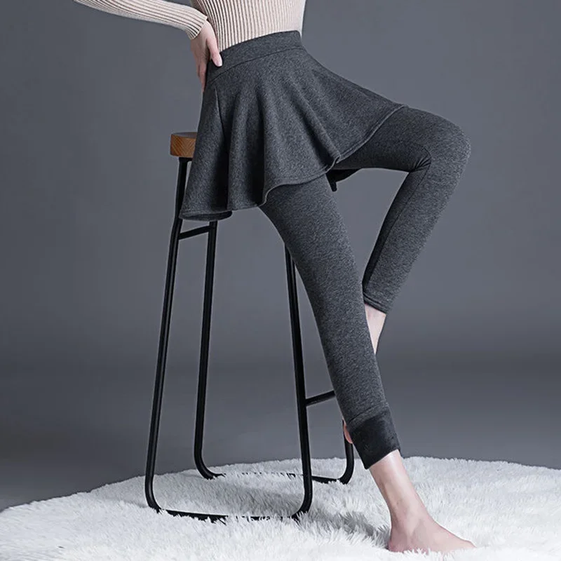 Women High Waist Cotton Leggings Skirts Winter Thick Leggings Slim Fake Two Skirt Pants Thermal Legging Stretch Tight Pants C402