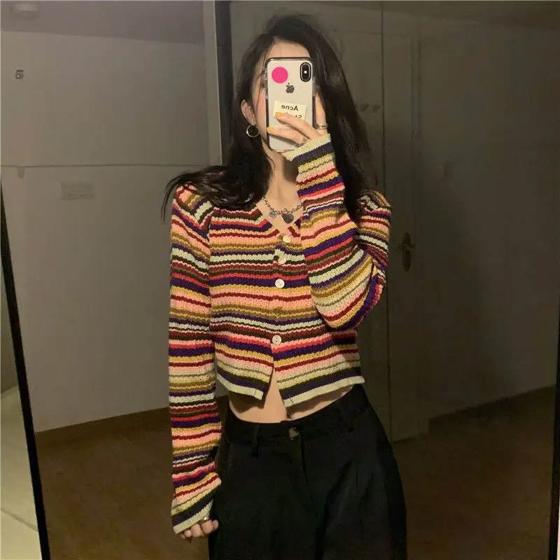 

Spring New Women Sweater Korean Style Rainbow Striped Soft Short Sweater Long Sleeve Knit Top