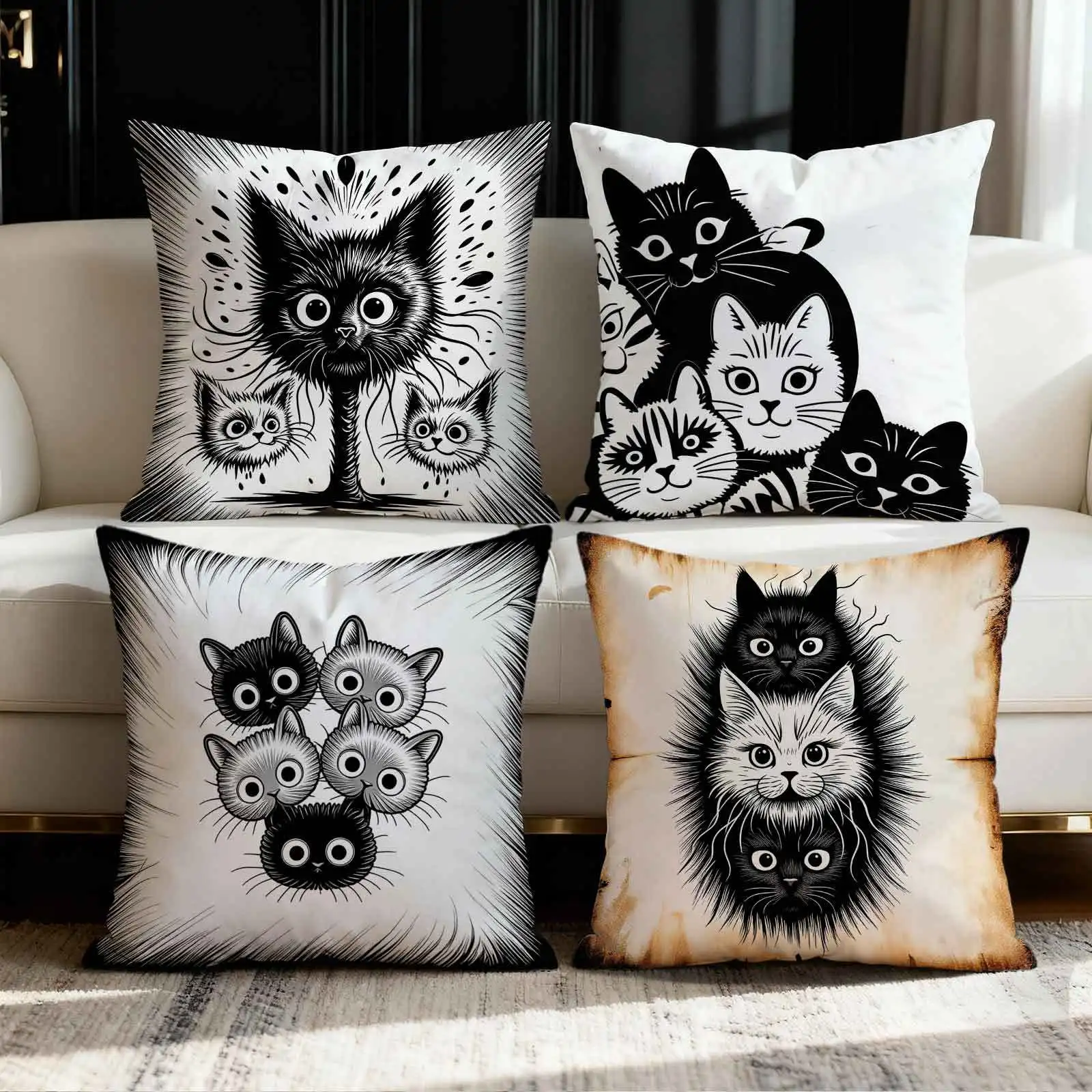 

Black and white illustration of a cat printing pillow cover Short plush Suitable living rooms bedrooms sofas throw cushion cover