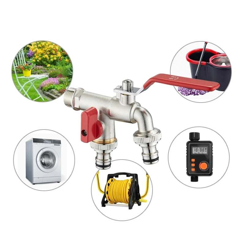 

Copper Outdoor Faucet with Double Handle Control 1 in 2 out Bibcock Multi-Function Large Flow Tap for Garden Courtyard
