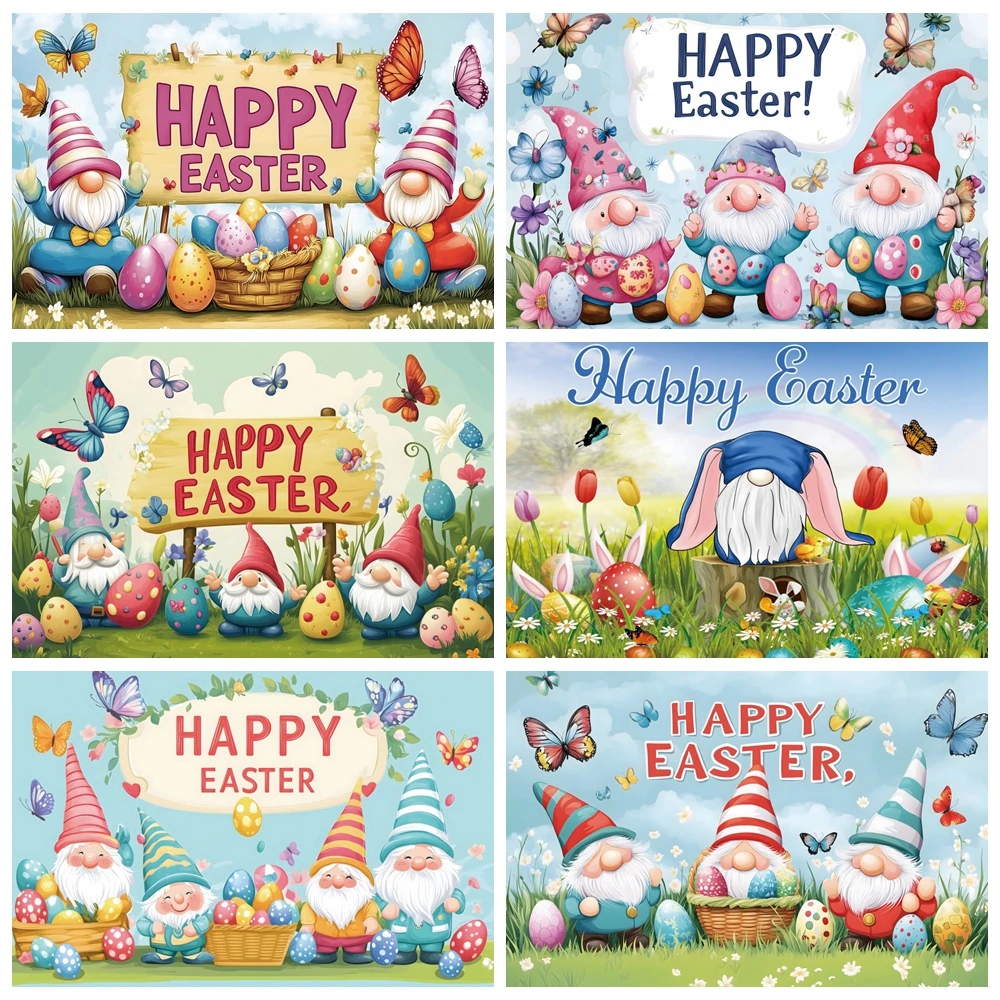 

Spring Happy Easter Background Photography Bunny Eggs Green Grass Rabbit Butterfly Little Dwarf Baby Shower Backdrop Photobooth