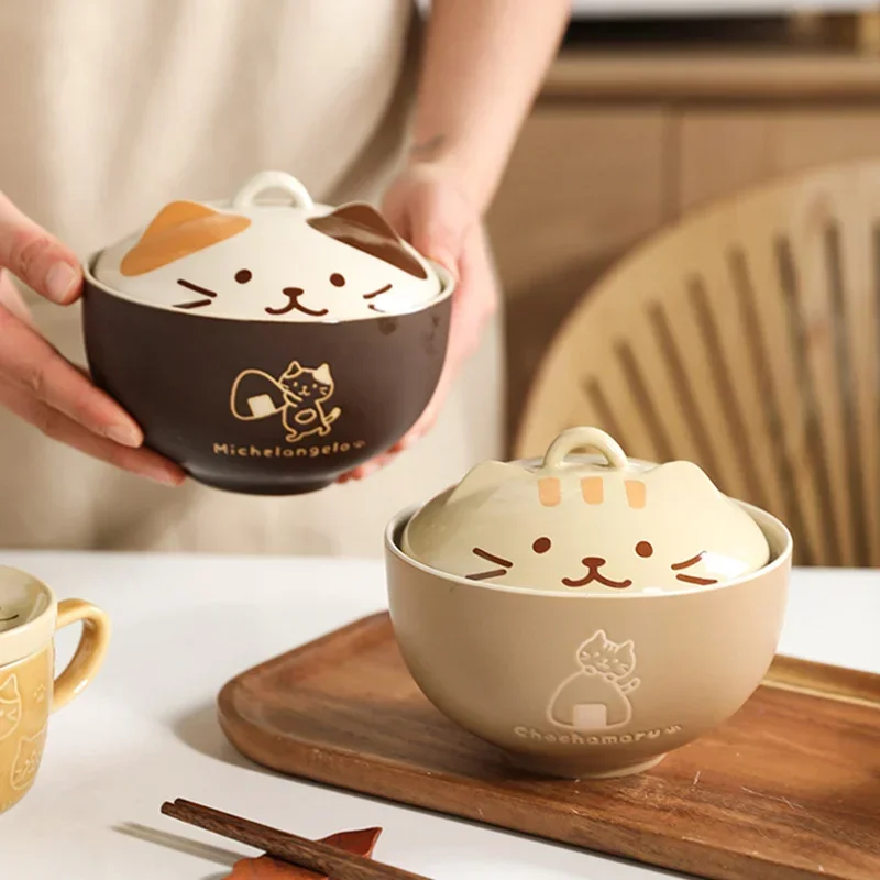 5.5 Inch Cute Cat Ceramic Covered Bowl Japanese Tableware Large Capacity Instant Noodle Bowl Kitchen Student Office Dinnerware