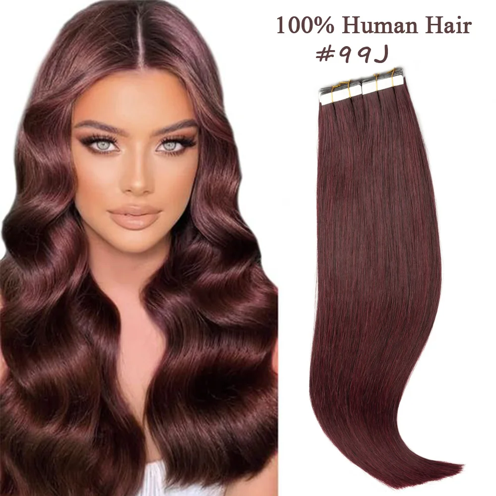 Tape in Human Hair Extensions Brazilian Hair 12-24 Invisible Seamless Burgundy Human Hair Tape in Extensions #99J 20pcs