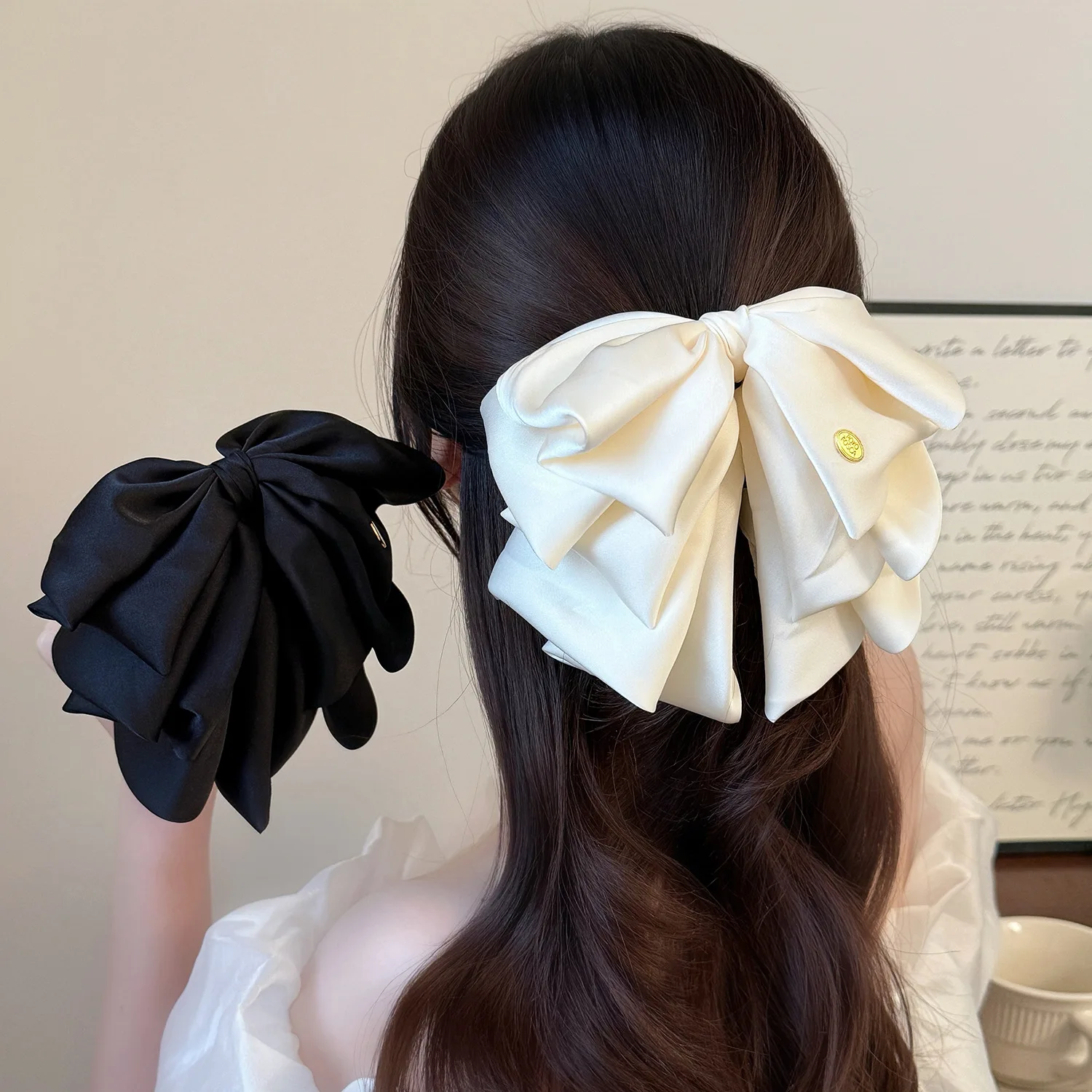 

1pc Layered Design Satin Bow Ponytail Clip Elegant Solid Color Hair Claw for Women Back of Head Volumizing Daily