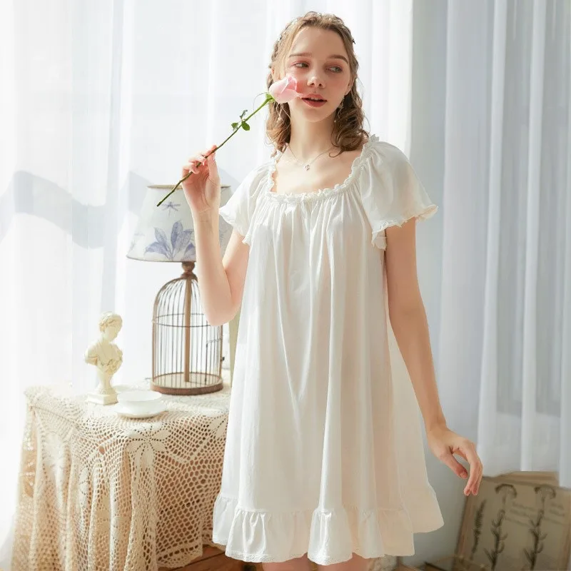 Solid Color Round Neck Women's Summer Pajama Set Short Sleeves Cotton Loose Fit with Large Size Skirt Sweet Princess Style