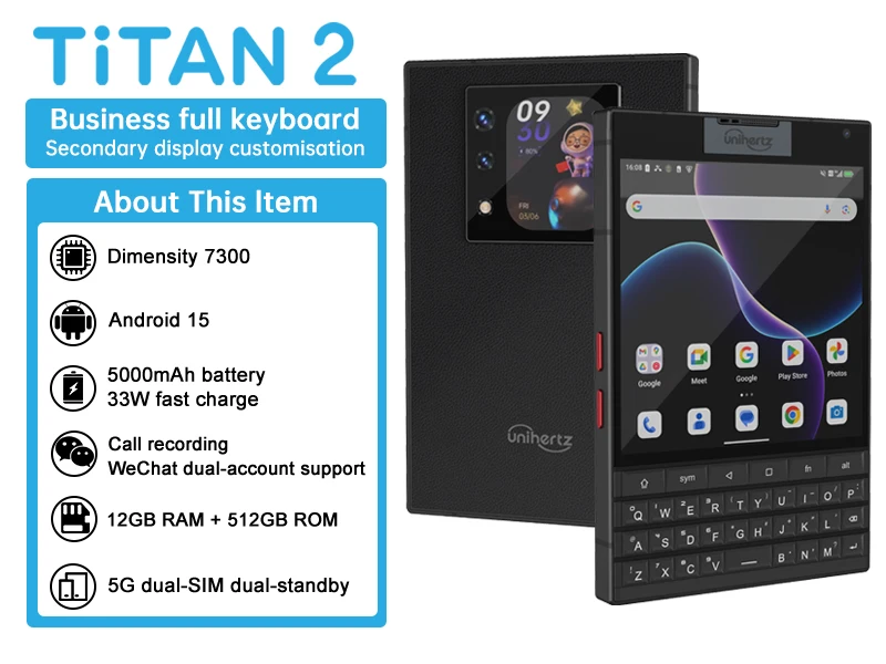Unihertz Titan 2 Smartphone 12GB 512GB 5G Android 15 with Physical Keyboard Dual Screen Dimensity 7300 Dual SIM 50MP Camera