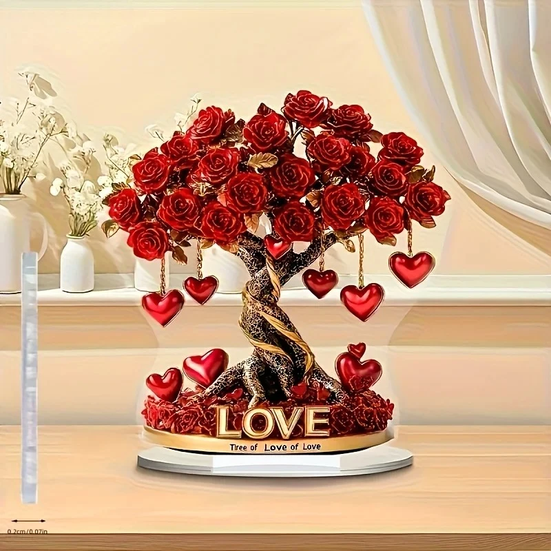 Arbre à roses en acrylique 2D attrape-soleil Saint-Valentin, témoignage d'amour, fleur décorative, arbre à roses romantique, cadeaux de mariage, décoration intérieure