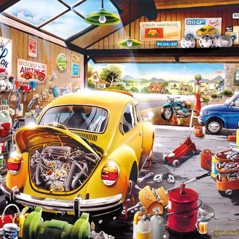 

75*50cm Adult Paper Jigsaw Puzzle 1000pcs Car Repair Shop Garage Cartoon Paintings Stress Relief Entertainment Educational Toys