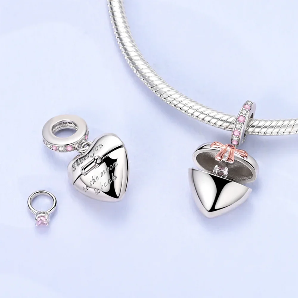 Original Charms 925 Silver Plated Colorful Zircon Heart-shaped Beads Pendant Fit DIY Bracelet Bag Keychain Dangle Women Gift