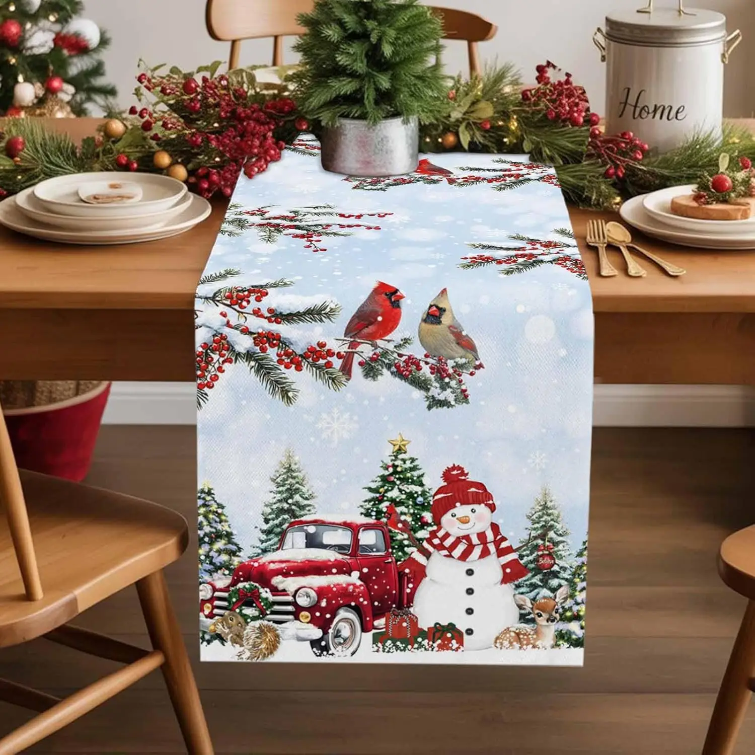 Christmas Snowman Truck Berry Cardinal Bird Blue Linen Table Runners Party Decor Durable Winter Xmas Christmas Decorations