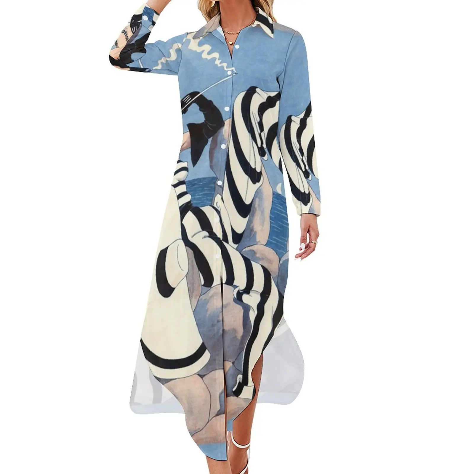 

French Art Deco Woman Haute Couture Fashion Long Sleeved Shirt Dress Prom gown Dresses