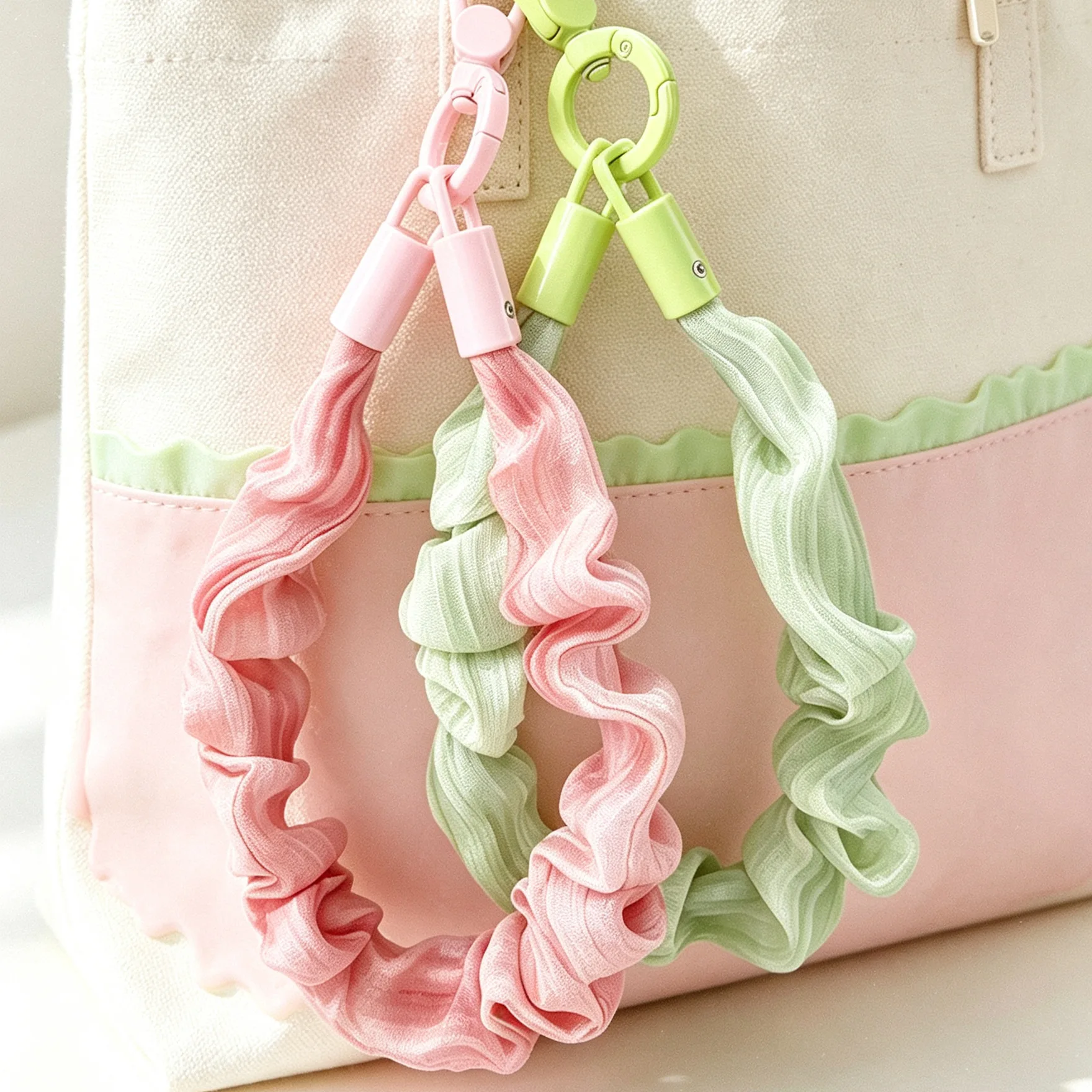 Luxury Satin Ruffle Wrist Strap Keychain Elegant Pleated Fabric Hair Scrunchie Anti-Lost Phone Lanyard Cute Bag Charm Accessory