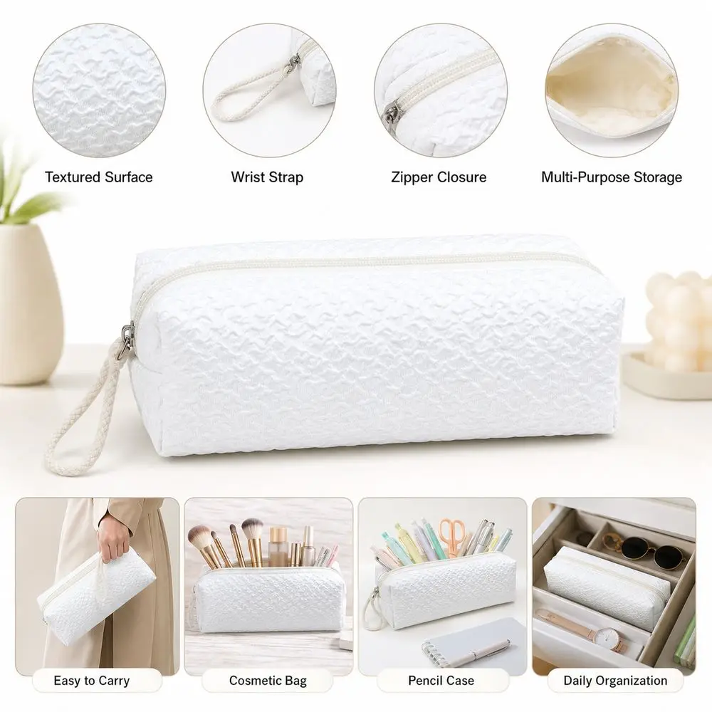 Textured Surface Zipper Pouch White Zipper Closure Makeup Bag Rectangular Shape Wrist Strap Storage Pouch Daily Organization
