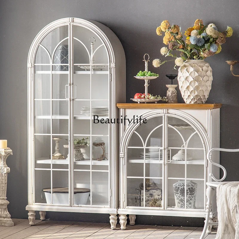 

56French retro wine cabinet solid wood against the wall household storage multi-layer white arched bookcase