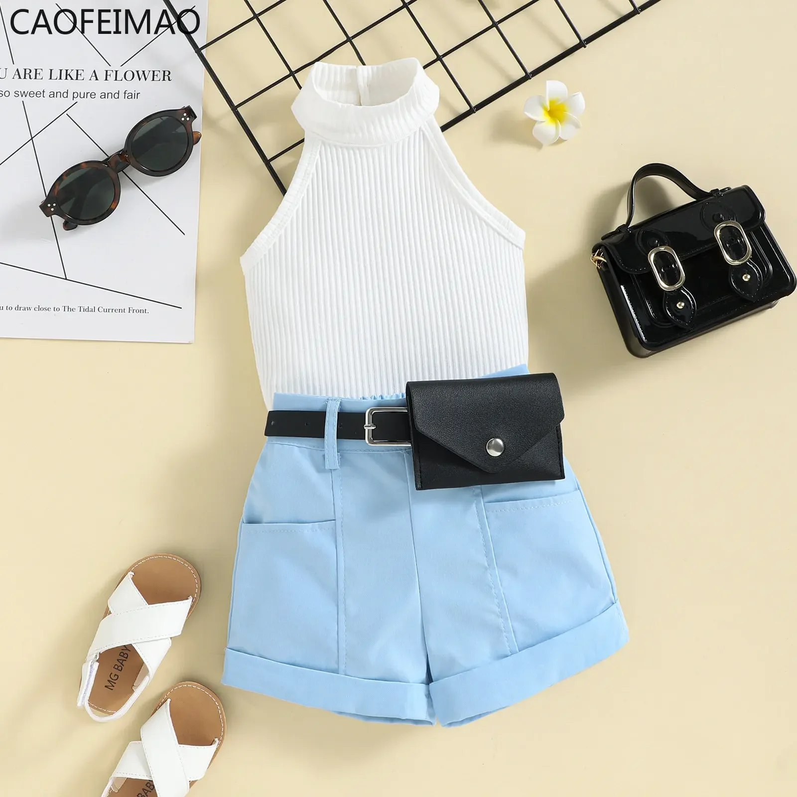 Little Girl Three-Piece Outfits Solid Color Sleeveless Ribbed Stand-Up Collar Tops + Belted Short Pants + Small Waist Pack 6M-4T