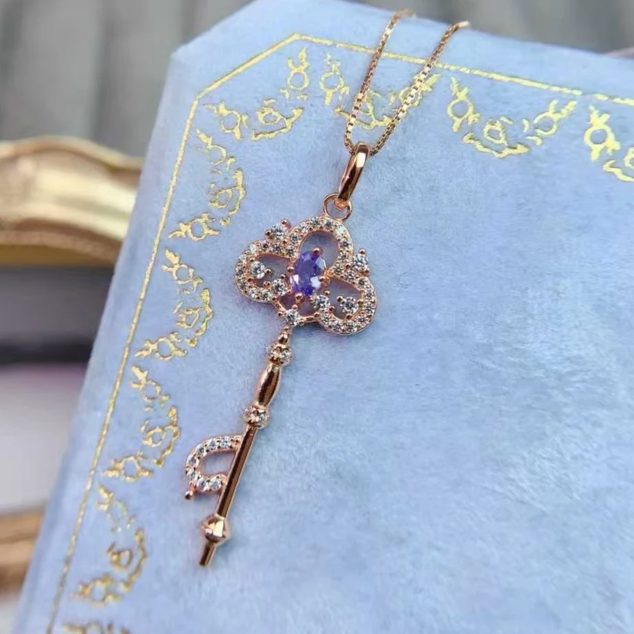 

Античный вид, серебряный кулон-ключ 925 пробы, кулон из натурального танзанита с серебряным ожерельем, 3 мм * 4 мм, настоящие ювелирные изделия из танзанита