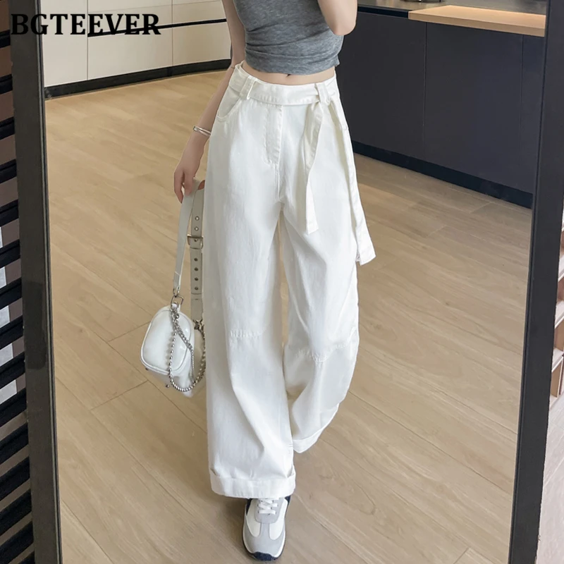 BGTEEVER, pantalones vaqueros rectos de cintura alta con cordones y estilo para mujer, moda de verano, pantalones vaqueros de pierna ancha holgados con bolsillos para mujer