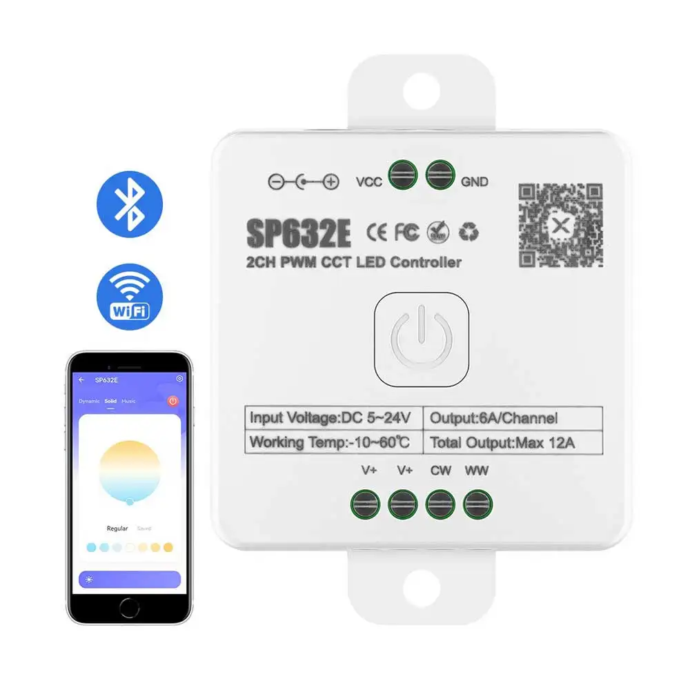 DC5-24V SP632E 2CH PWM CCT Controller LED Controllo APP Blue-tooth per strisce LED bianche doppie CCT